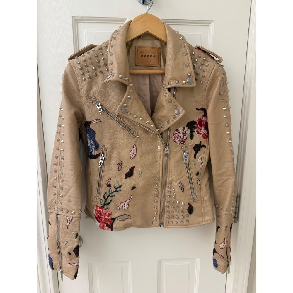 BLANKNYC Floral Embroidered Studded Moto Jacket Tan Size S Edgy Boho